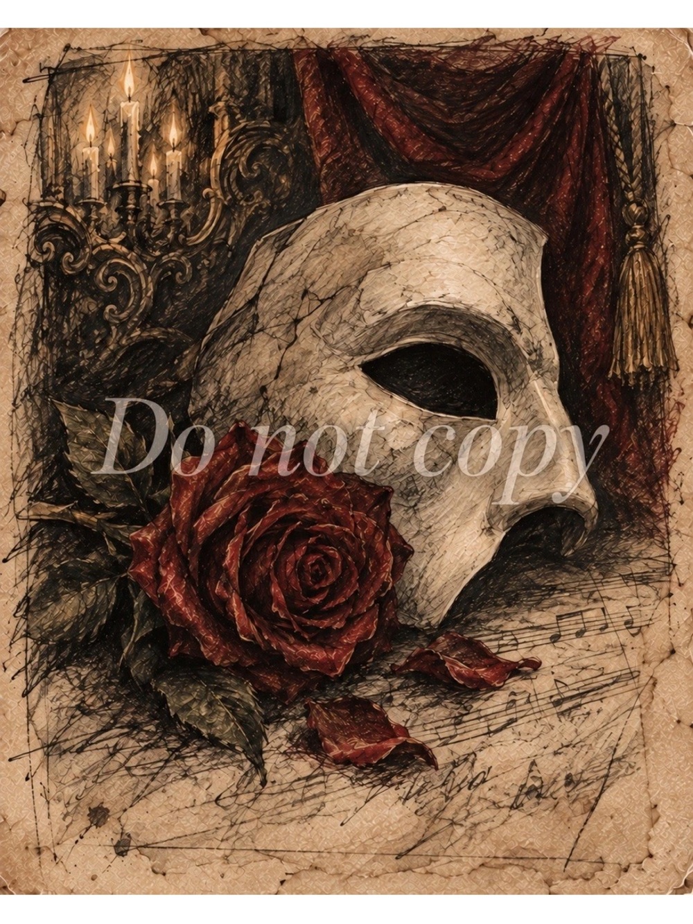 Phantom of the Opera Inspired Mask Rose Art Print 8x10 Gothic Wall Decor #3